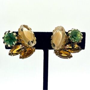 Vintage Czech Glass Cluster Earrings Peridot Green UV Reactive